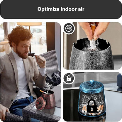 roygra Ashtray with Lid, Windproof Smokeless Odorless Metal Tabletop Ash Tray for Outdoor Indoor Home Office Patio Balcony Decoration  Blue, Large (4.63 x 3.93 x 3.93)