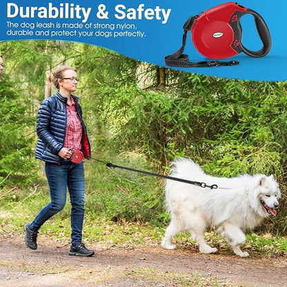 Retractable Dog Leash, 26 Ft Heavy Duty Pet Walking Leash for Small Medium Large Dogs up to 110lbs, Anti-Slip Handle, 360 ° No Tangle, Nylon Tape, One-Handed Brake (Red)