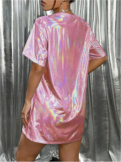 SHENHE Women's Y2k Shiny Holographic Short Sleeve Metallic Party Disco Oversized Tshirt Dress
