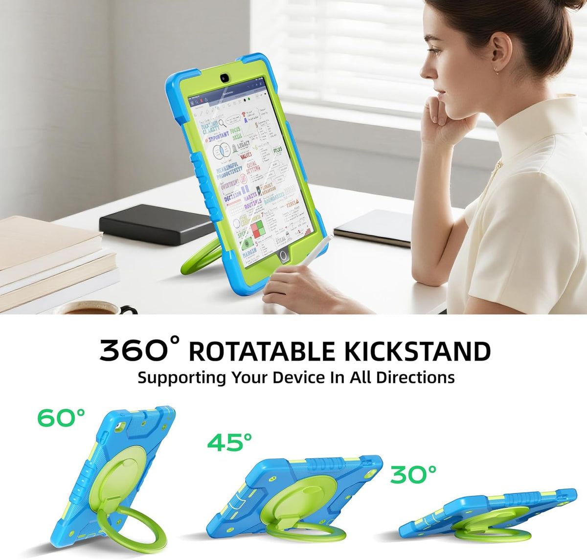Case for iPad 6th/5th Generation 9.7 inch 2018/2017 Case, iPad Air 2/Pro 9.7 inch Heavy Duty Protective Cover with 360° Rotate Handle Stand, Pencil Holder, Shoulder Strap (Blue+Green)