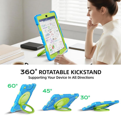 Case for iPad 6th/5th Generation 9.7 inch 2018/2017 Case, iPad Air 2/Pro 9.7 inch Heavy Duty Protective Cover with 360° Rotate Handle Stand, Pencil Holder, Shoulder Strap (Blue+Green)