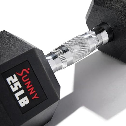 Sunny Health  Fitness Hex Style Dumbbell 5 LBS TO 50 LBS Chrome Handles, Hand Weight for Strength Training, Home Gym, Exercise, Workout Equipment Multiple Size Options