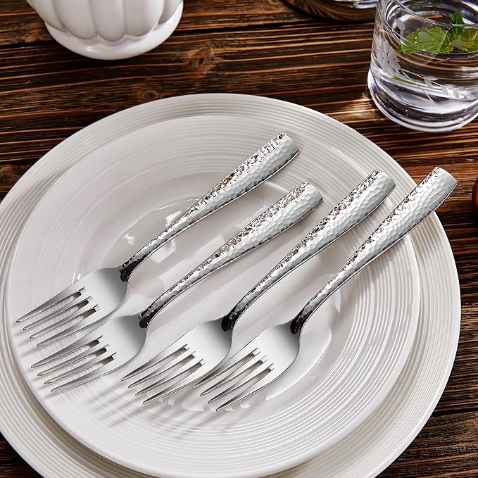 KEAWELL Premium 4-Piece 6.5" Louis Hammered Salad Fork Set, 18/10 Stainless Steel, Squared Edge with Smooth Rounded Edges for Comfort, Dishwasher Safe (4, 6.5" Salad Fork)