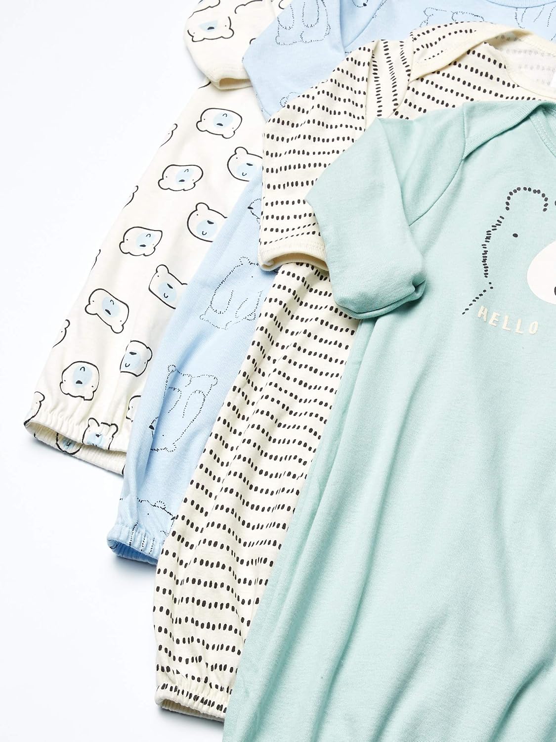 0 Months, 4-pack Gerber baby sleeper gowns with expandable neckline, open bottoms, and soft cotton fabric for nighttime comfort.