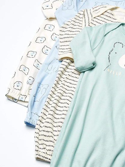 0 Months, 4-pack Gerber baby sleeper gowns with expandable neckline, open bottoms, and soft cotton fabric for nighttime comfort.
