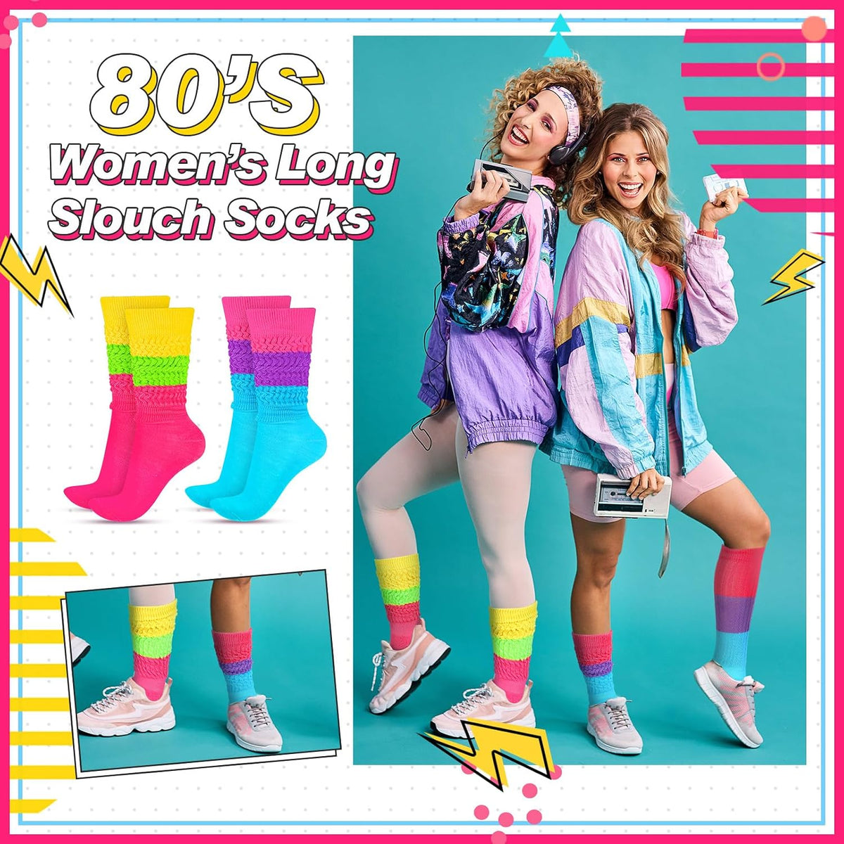 JenPen 2 Pairs 80s 90s Neon Slouch Socks for Women Valentine Galentine's Day Soft Scrunch Socks Gift Extra Long Size 9 to 10