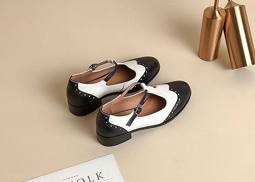 Women's Genuine Leather Mary Jane Saddle Oxford Loafers Brogue Shoes