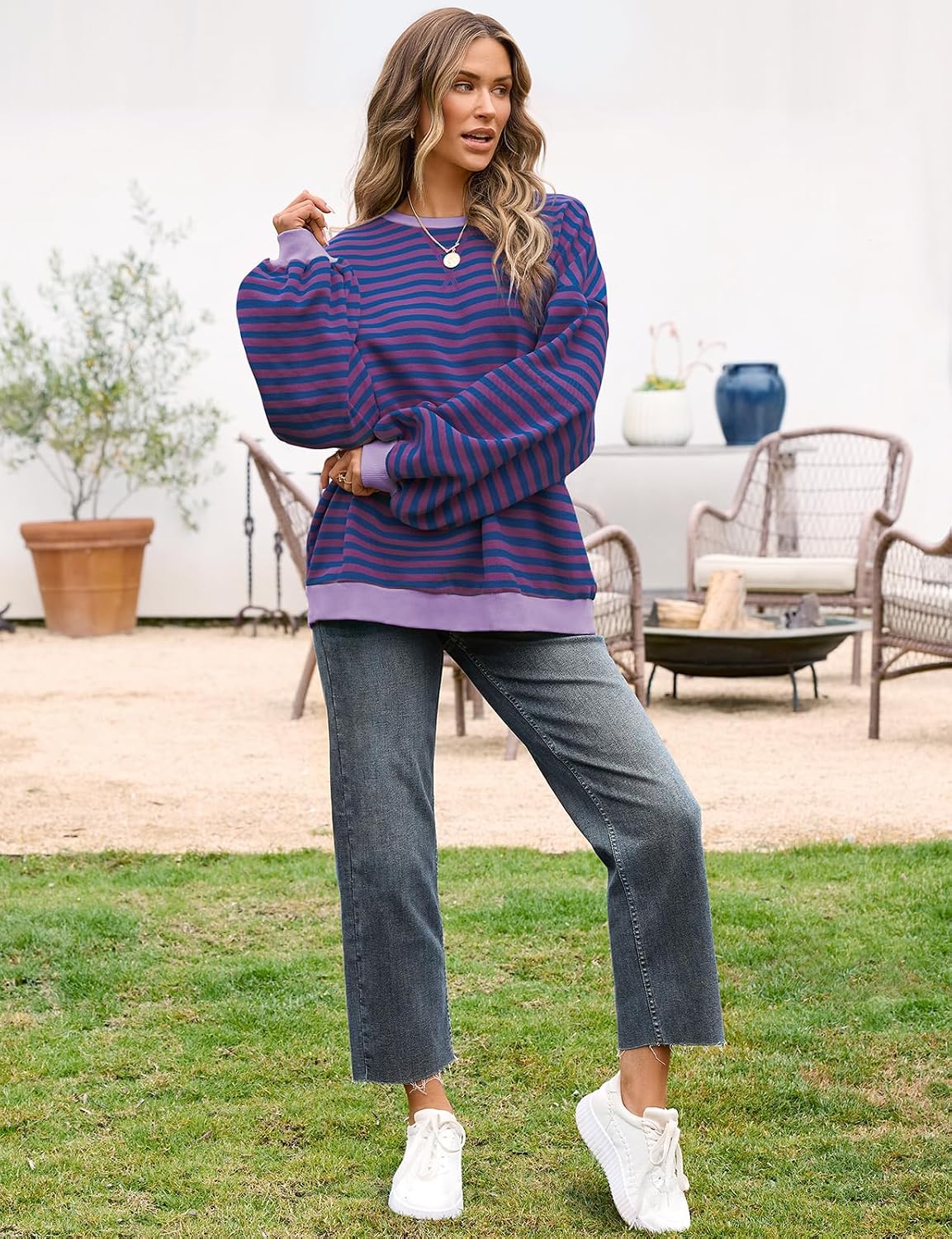 UEU Women Oversized Striped Crewneck Sweatshirt Long Sleeve Color Block Pullover Tops Casual Loose Workout Shirt