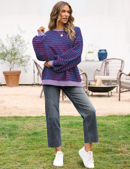 UEU Women Oversized Striped Crewneck Sweatshirt Long Sleeve Color Block Pullover Tops Casual Loose Workout Shirt