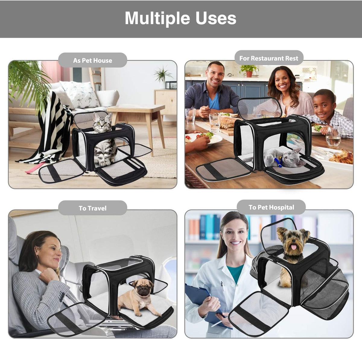 Airline Approved,Large 2 Sides Expandable Dog Carrier,4 Door,3 Zippered Pockets,3 Fleece Pads,Shoulder Strap, Pet Travel Carrier Bag Kennel for Cats Kitty and Small Dogs (shoulder strap ,Collapsible Soft Sided not included)