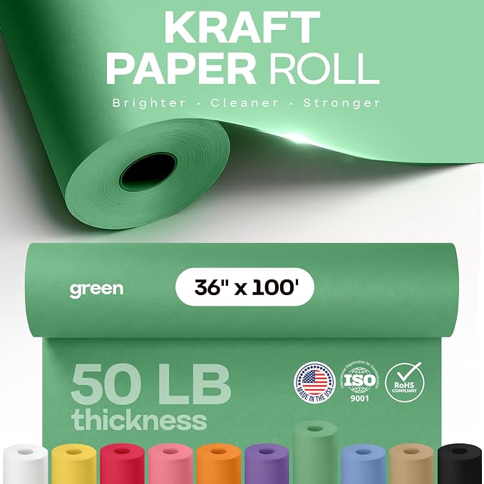 36" x 1200" (100 ft) Green Kraft Paper Roll - USA-Made Quality Craft Paper for Gift Wrapping, Kids' Arts & Crafts, School Projects - Natural Material 50lb Thickness by IDL Packaging
