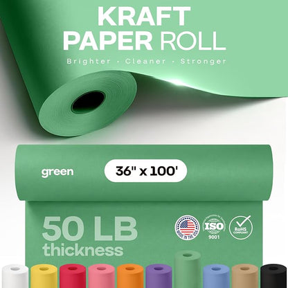 36" x 1200" (100 ft) Green Kraft Paper Roll - USA-Made Quality Craft Paper for Gift Wrapping, Kids' Arts & Crafts, School Projects - Natural Material 50lb Thickness by IDL Packaging
