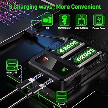 Ukor Fast Charging 2x6200mWh Rechargeable Battery Packs with Charger for Xbox One/Xbox Series X|S Xbox One S/Xbox One X/Xbox One Elite Wireless Controller, Lasting Intelligent Protection