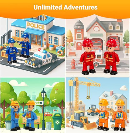 FUNERICA Set of 8 flexible figures for children, firefighters, police officers, construction workers, sanitation and community helpers