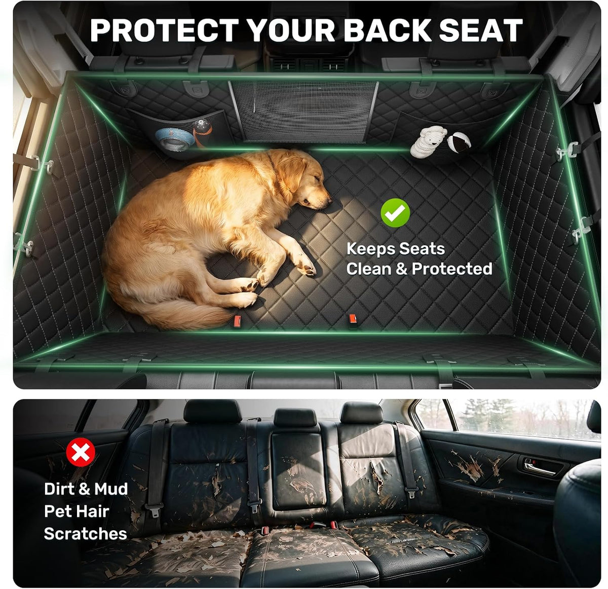 Zanch Heavy-Duty Dog Truck Seat Cover, Flat Solid Back Seat Extender for Multi Large Dogs, Hard Bottom Supports 450 lb, Waterproof Hammock Protector, XL for Full-Size Crew Cab Trucks & SUVs, Black