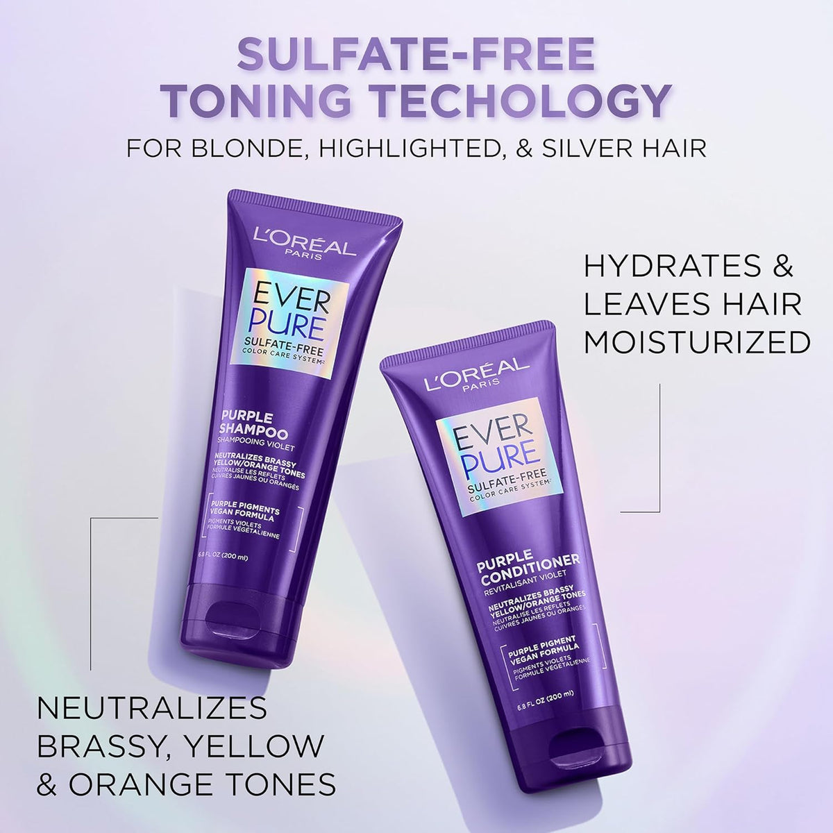 Sulfate-free shampoo and conditioner set from L'Oreal Paris neutralizes brassy tones and deeply hydrates blonde, bleached, or highlighted hair.