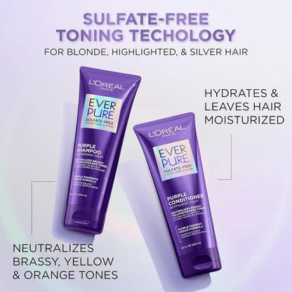 Sulfate-free shampoo and conditioner set from L'Oreal Paris neutralizes brassy tones and deeply hydrates blonde, bleached, or highlighted hair.