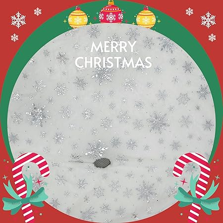 Christmas Tree Skirt, 48 Inch White Luxury Faux Fur  Silver Sequin Snowflakes, 4ft Xmas Tree Skirt for Holiday Tree for Holiday Ornaments Party