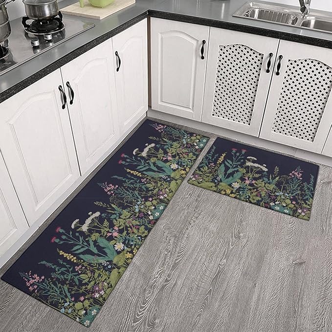 Farmhouse Kitchen Rugs and Mats Sets of 2, Weeds Floral Kitchen Decoration Rubber Backing Non-Slip Mats for Sink Waterproof Floor Mat for Laundry Room,17x3017x48inch