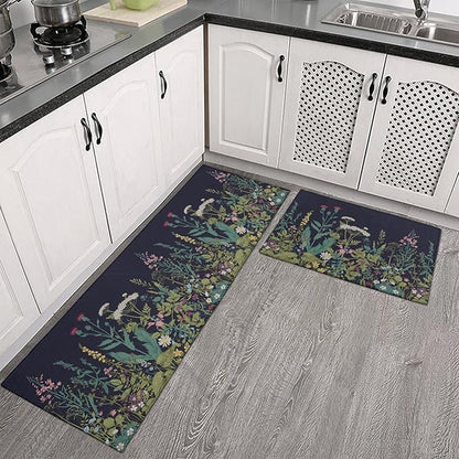 Farmhouse Kitchen Rugs and Mats Sets of 2, Weeds Floral Kitchen Decoration Rubber Backing Non-Slip Mats for Sink Waterproof Floor Mat for Laundry Room,17x3017x48inch