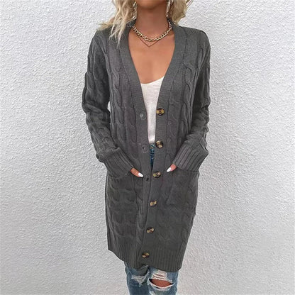 Women's Twists Knitted Loose Sweater Overcoat with Pocket Fashion Front Button
