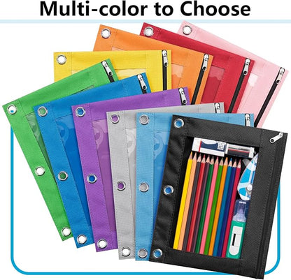 Forvencer 3 Ring Binder Pencil Pouch with Smooth Zipper, Clear Window Pencil Case, Big Capacity Pencil Bag with 3 Reinforced Grommets, Gree
