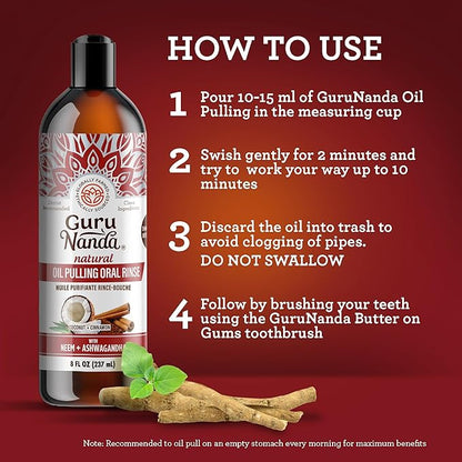 GuruNanda Ashwagandha Oil Pulling with Neem  Roman Chamomile, for Fresh Breath and Happy Gums, Alcohol  Flouride-Free Essential Oil Oral Rinse with Toothbrush  Tongue Scraper, 8 Oz