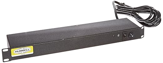 Hubbell Wiring Systems HPWPWR Cold Rolled Steel Power Strip with Switch and 10' Cable, NEMA 5-15R Plug, Flush Rack Mount, 19" Length, 15A120V, 10 Rear Outlet, Black