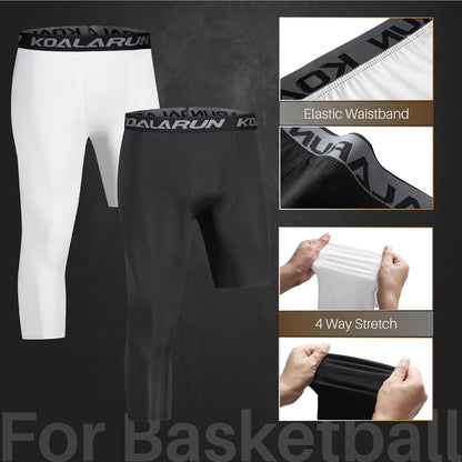 One Leg Compression Tights for Basketball Men's 3/4 Capri Sports Leggings Athletic Training Pants Base Layers