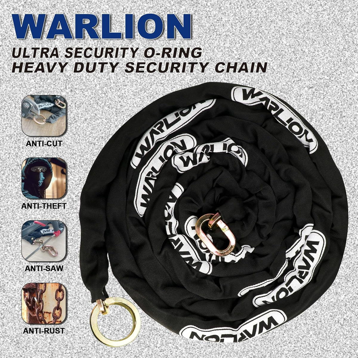 Heavy Duty Security Chain, 15ft x 3/8in (9mm) Thick, Anti-Theft & Cut-Proof Motorcycle Chain with Cinch Ring - Secure Generators, ATVs, Ebikes & 2-Wheeled Vehicles