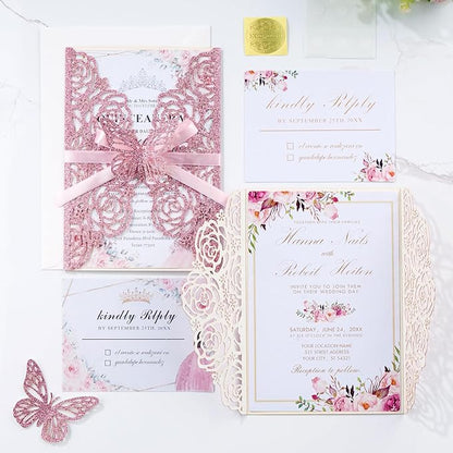 50PCS Pink Wedding Invitations Laser Cut Invitation with Envelopes and Rsvp Card Personalized Inner Sheets for Wedding Bridal Baby Shower QuinceañEra Engagement Birthday