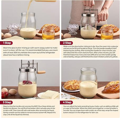 Manual Butter Maker Churner, 1.5L Mason Jar Machine With Stainless Steel Gear and Hand Crank, Wooden Handle for Baking - Top Gadgets