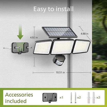 Solar Security Light Outdoor Light 302 LEDs 1200lm?Solar-Powered Waterproof Wall-Mounted Flood Light w/PIR Motion Sensor, 3 Heads, IP65 Waterproof, 3 Modes (1 Pack)