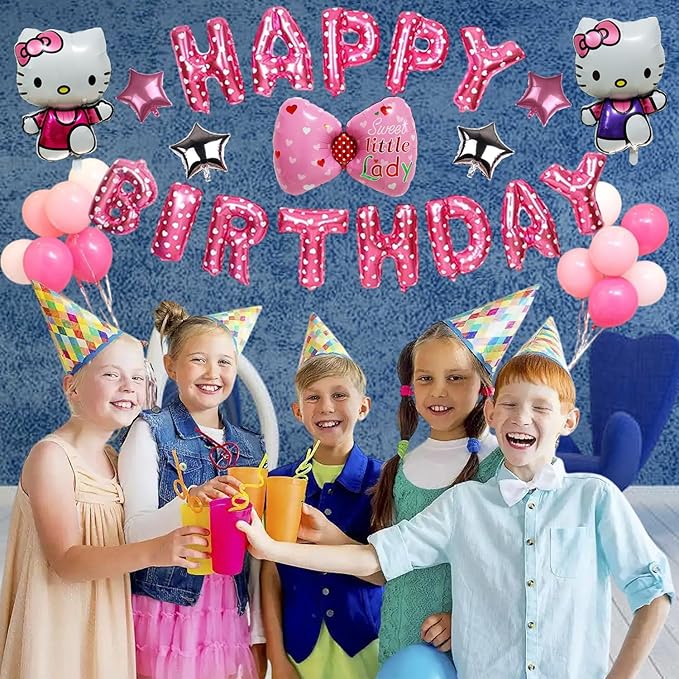 24PCS Pink Birthday Decorations, Cartoon Birthday Party Supplies, Happy Birthday Balloons Banner, Pink Theme Party Decor for Girls