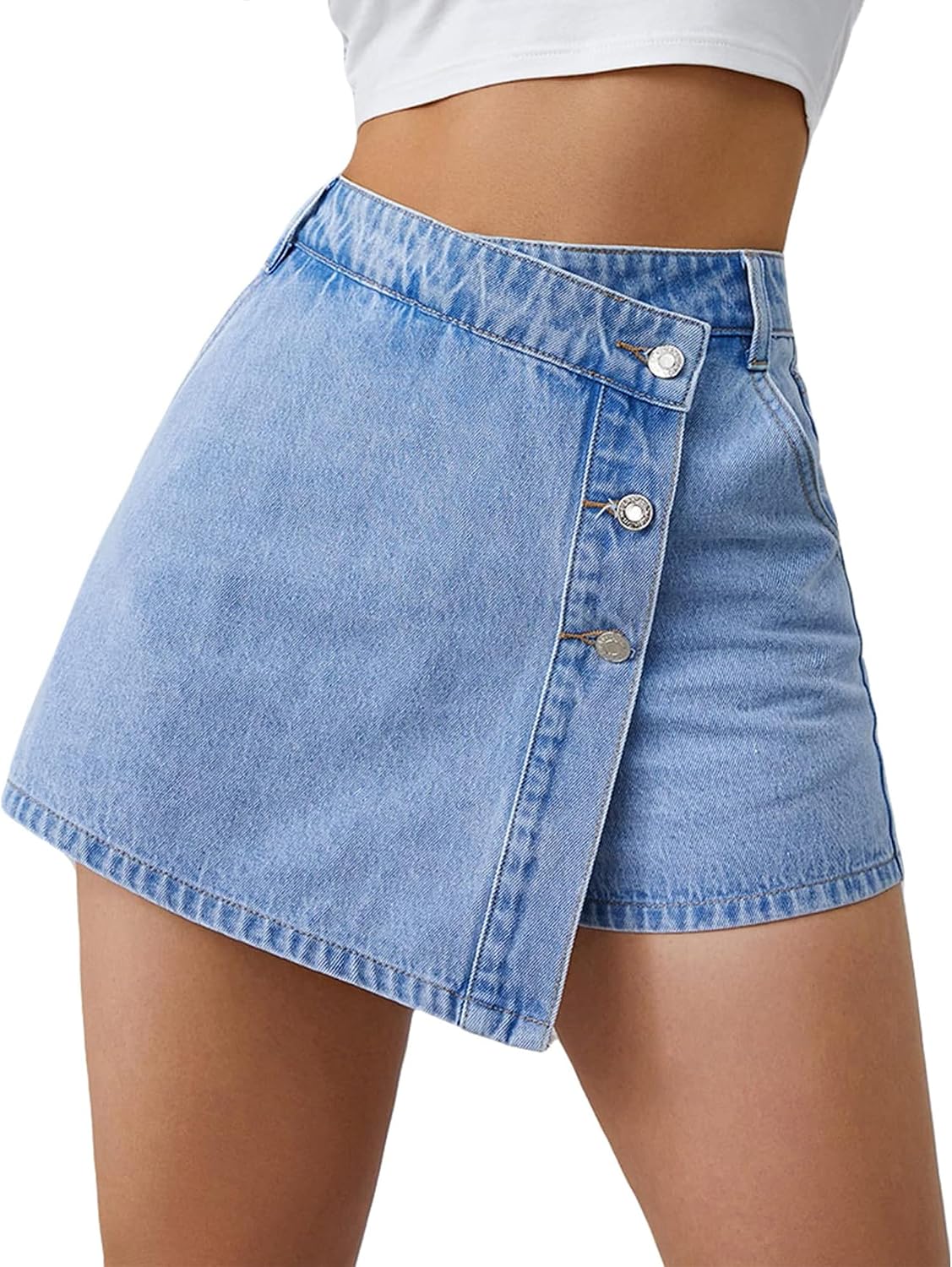 Women's High Waisted Stretchy Denim Skort Casual Asymmetrical Jean Skorts Mini Skirts with Shorts for Summer.