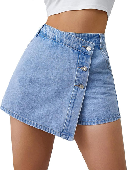 Women's High Waisted Stretchy Denim Skort Casual Asymmetrical Jean Skorts Mini Skirts with Shorts for Summer.