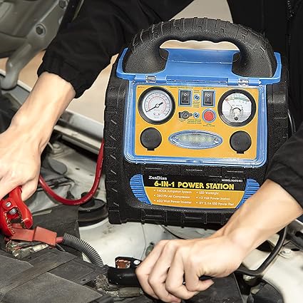6-in-1 1800Amp Jump Starter with Air Compressor, 12V Car Battery Jumper 260PSI Tire Inflator, Portable Power Station 110V 400W Power Inverter USB DC AC Outlet, Auto Battery Booster Cables