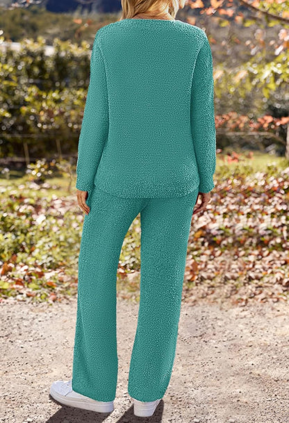 MEROKEETY Women's Lounge Sets 2025 Fall Fashion 2 Piece Outfits Sweater Pajama Set Fuzzy Loungewear Matching Winter Clothes