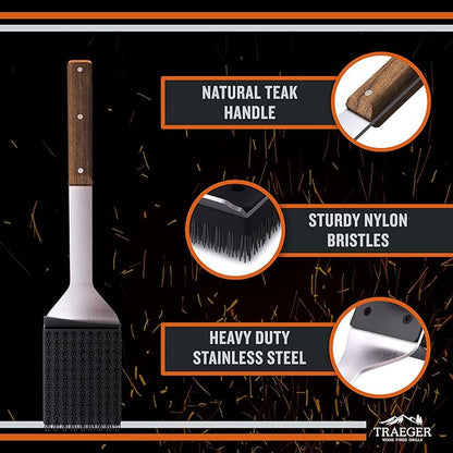 Traeger Grills BAC537 BBQ Cleaning Brush for Outdoor Grill Ai Stainless Steel Grill Scraper with Nylon Bristles, Teak Wood Handle, Dual Grip Design, and Hanging Loop