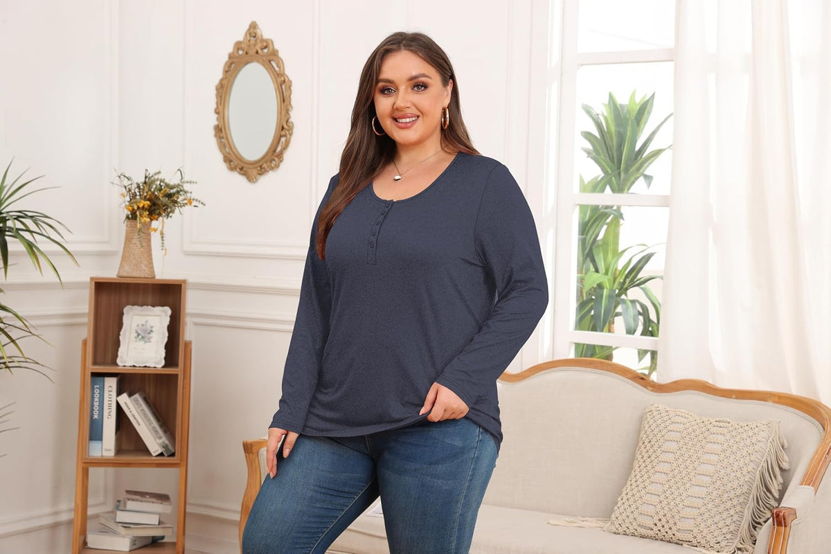 Halife Women's Plus Size Top Henley Neck Shirt Long Sleeve Button Front Round Neck Tee Basic Ladies Loose Fit T Shirt