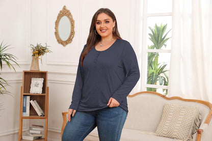 Halife Women's Plus Size Top Henley Neck Shirt Long Sleeve Button Front Round Neck Tee Basic Ladies Loose Fit T Shirt