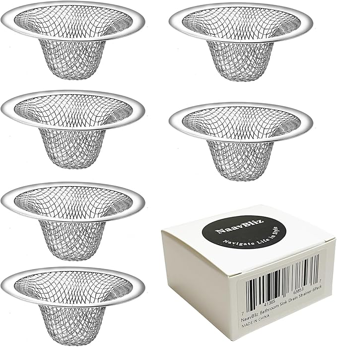 6-Pack Bathroom Mesh Sink Drain Strainer - 2.12" Top  1" Small Stainless Steel Hair Basket Catcher for Bathroom Sink, Lavatory, Balcony, Utility, RV, Floor Drain