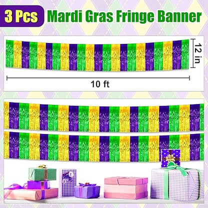 3 Pack 10 Ft Gold Green Purple Foil Fringe Garland Metallic Tinsel Streamers Banner Wall Hanging Curtain Backdrop for Parade Floats, Christmas Day, Thanksgiving, Halloween, New Year Party Decoration