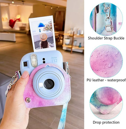 MUZIRI KINOKOO Case for Fujifilm Fuji Instax Mini 12Fuji Mini 12 Instant Camera - PU Leather Protective Case Cover Bag with Adjustable Shoulder Strap - Blue Pink Watercolor