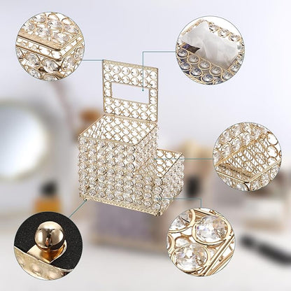 Sumnacon Square Crystal Tissue Box Cover -Sparkling Cube Tissue Box with Side Organizer,Decorative Tissue Holder for Living Room Vanity Night Stand Desk Countertop Office, Gold