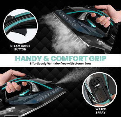Utopia Home Steam Iron for Clothes - Non-Stick Soleplate - 1800W Clothes Iron With Auto-Off Safety Feature - Adjustable Thermostat Control, Variable Steam Control, Self-Clean, 8 Feet Cord (Black/Teal)