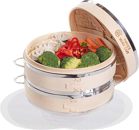 Dumpling Bamboo Steamer 10 Inch 2 Tier Wooden Basket With Handle, Reusable Silicone Liner, Kit For Cooking Baby Bao Bun, Dim Sum, Rice Potsticker Steaming Chinese Asian Food  Vegetables