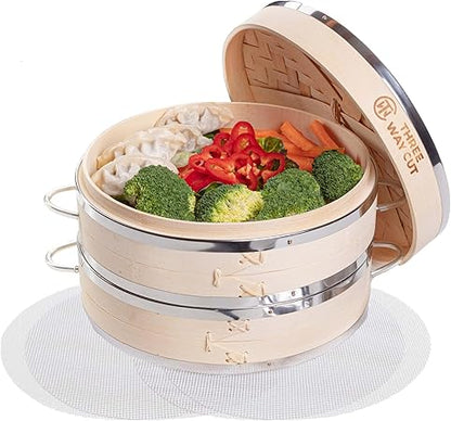 Dumpling Bamboo Steamer 10 Inch 2 Tier Wooden Basket With Handle, Reusable Silicone Liner, Kit For Cooking Baby Bao Bun, Dim Sum, Rice Potsticker Steaming Chinese Asian Food  Vegetables