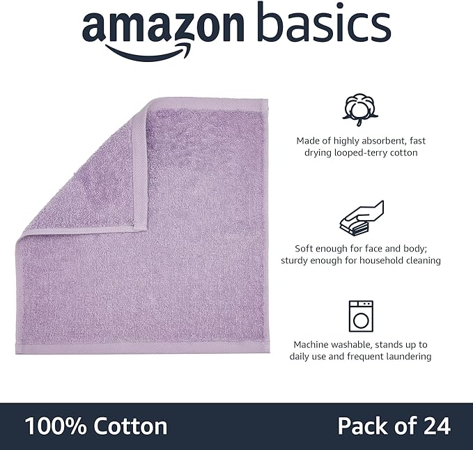 Basics face Towels for bathroom, 100 Cotton Extra Absorbent washcloth, Fast Drying - salon towel - 24 Pack Lavender (12 x 12 inches)