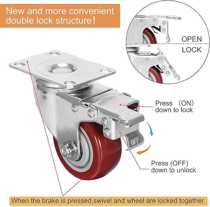 3 inch Heavy Duty Casters Load 1500lbs,Lockable Bearing Caster Wheels with Brakes,Swivel Casters for Furniture and Workbench,Set of 4 (Free Screws)